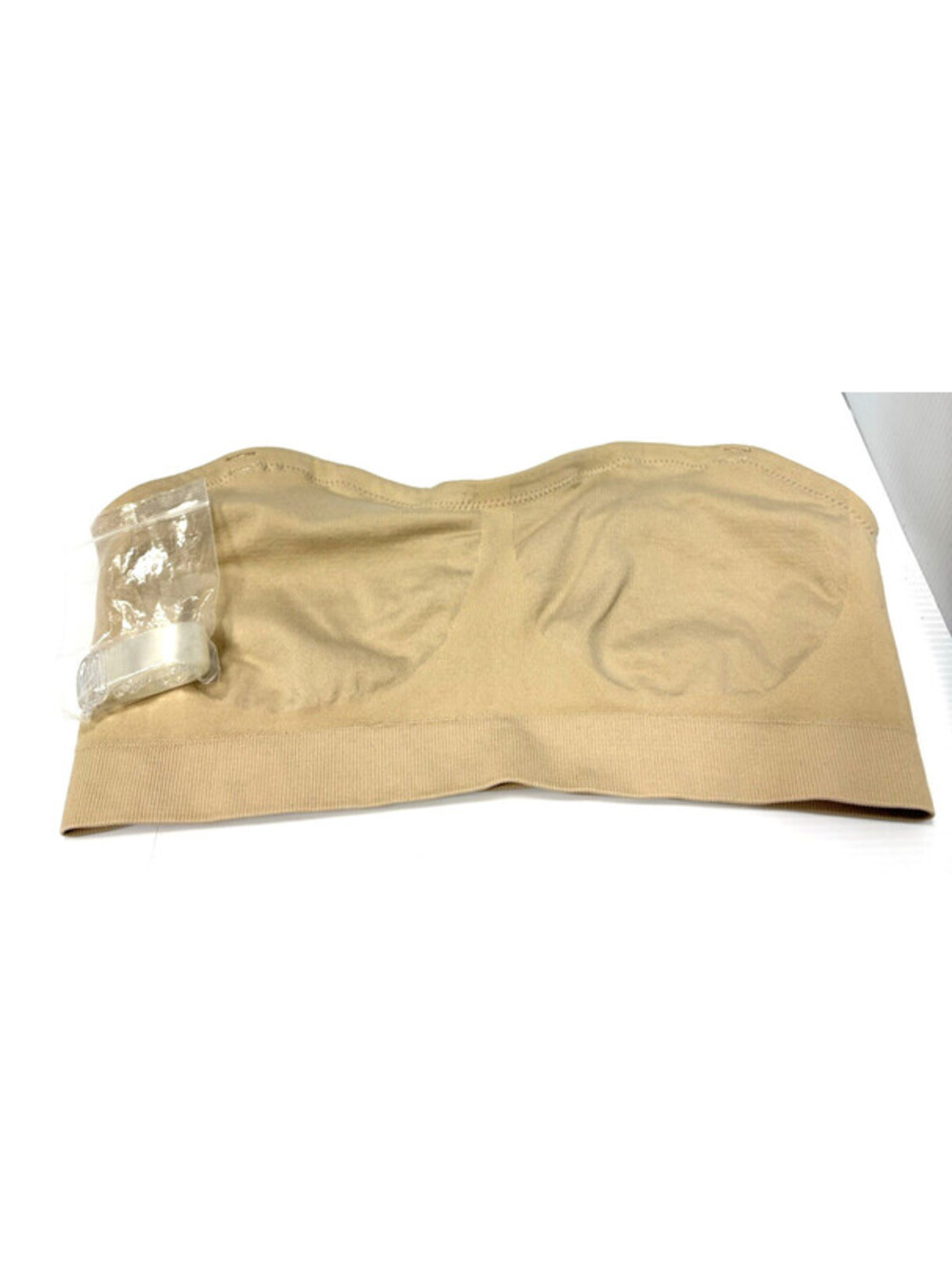Women's Wireless Bandeau Bra Nude Beige Size L Strapless Tube Top Clear Straps
